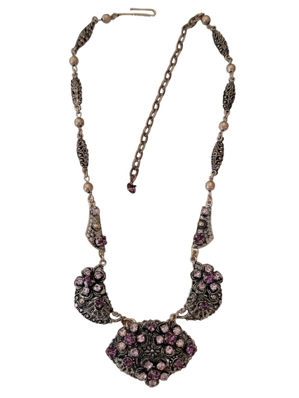 W Germany Gold Tone Filigree Bead Purple Rhinestone Collar Style Necklace, E522